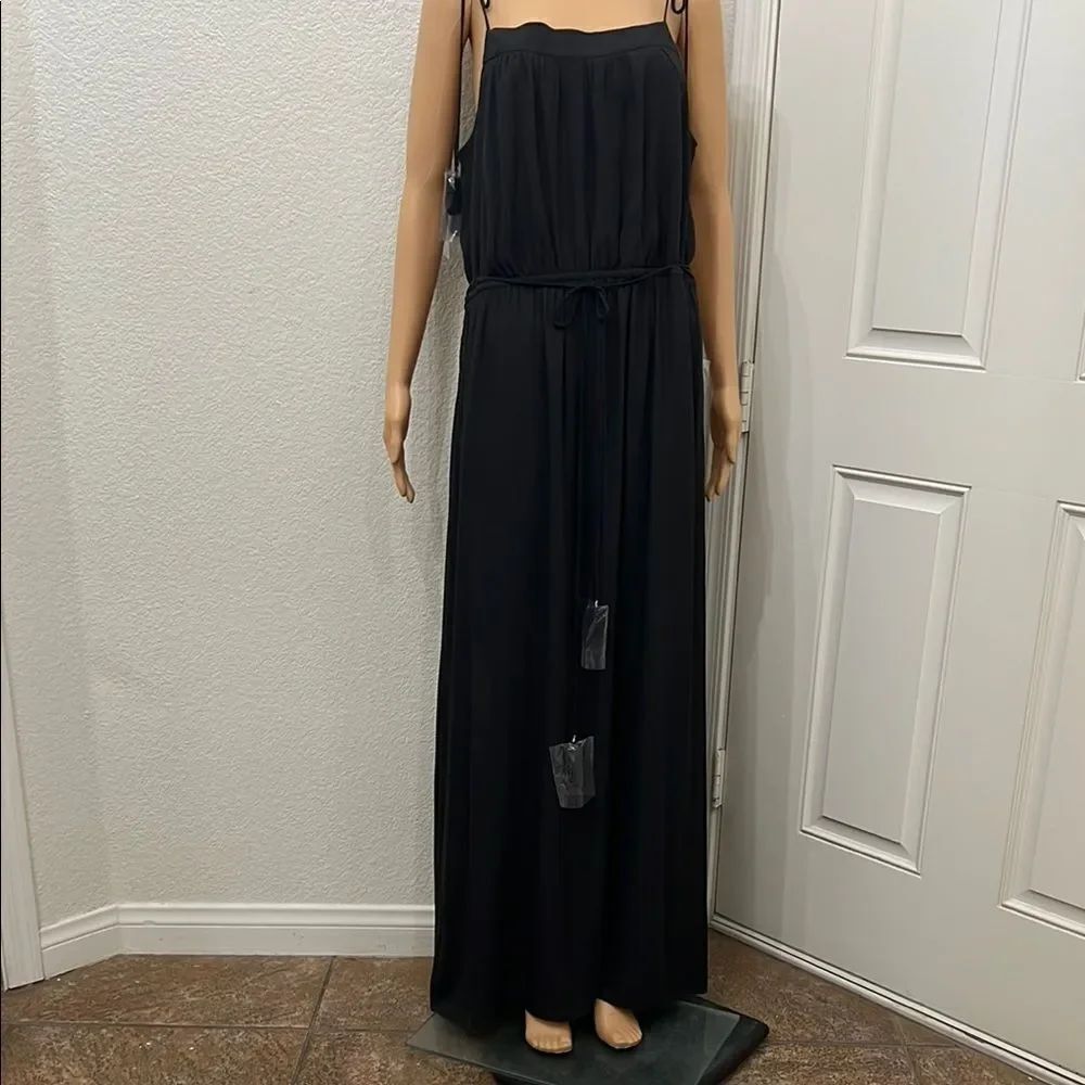 LOFT Black Maxi Dress Sz Large Adjustable Tie Strap Elastic Waist Tassel Straps